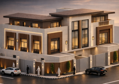 Modern villa at sunset with pedestrians